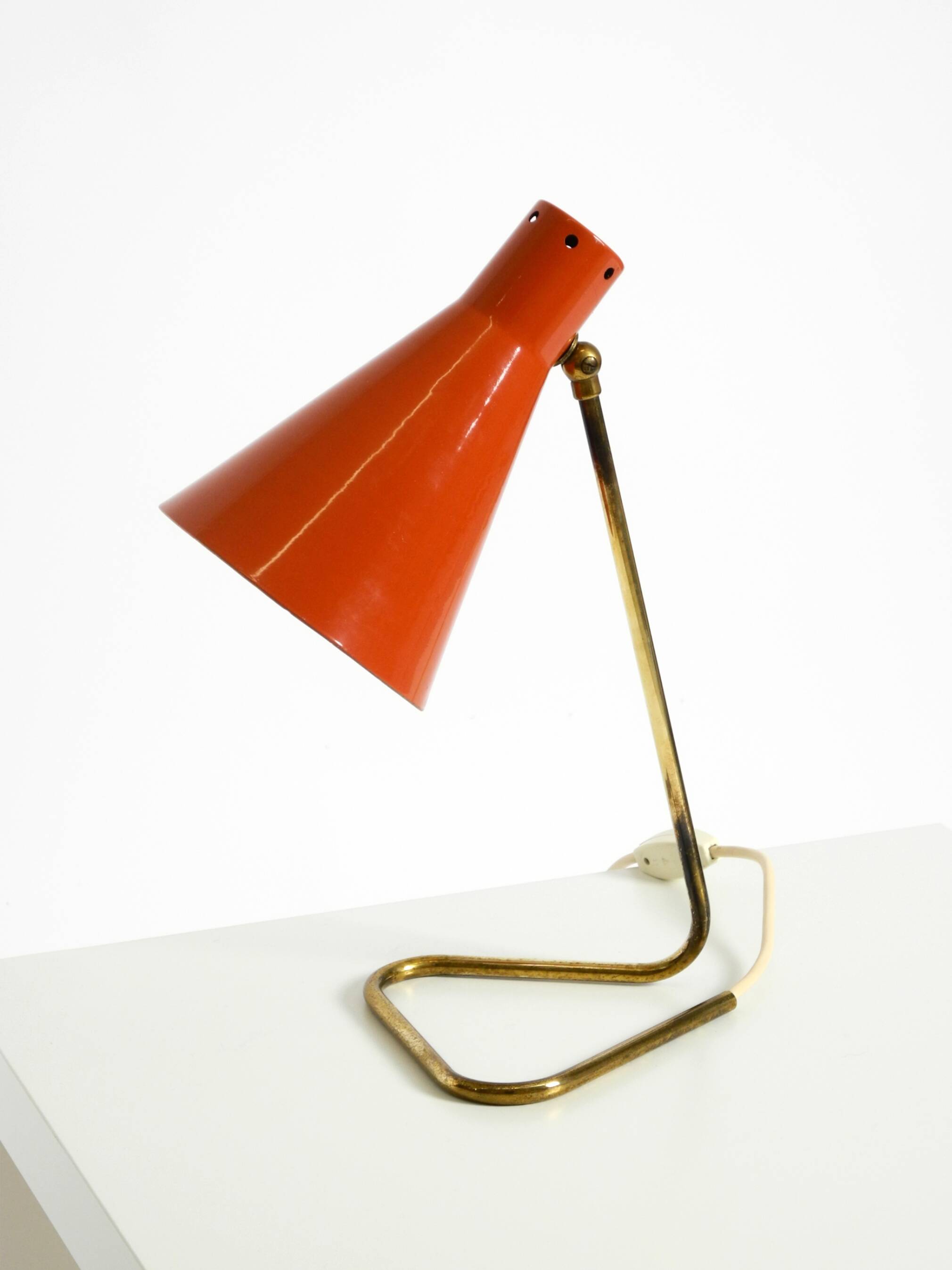 Beautiful, Large Mid-Century Modern Brass Table Lamp with a Brick-Red Shade