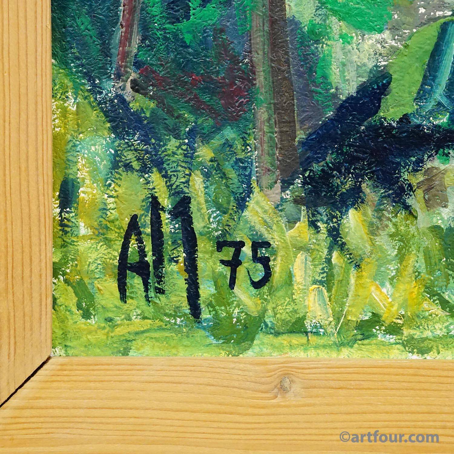 Oil painting by Alexander Michael depicting a lively sunflower field, 1975.