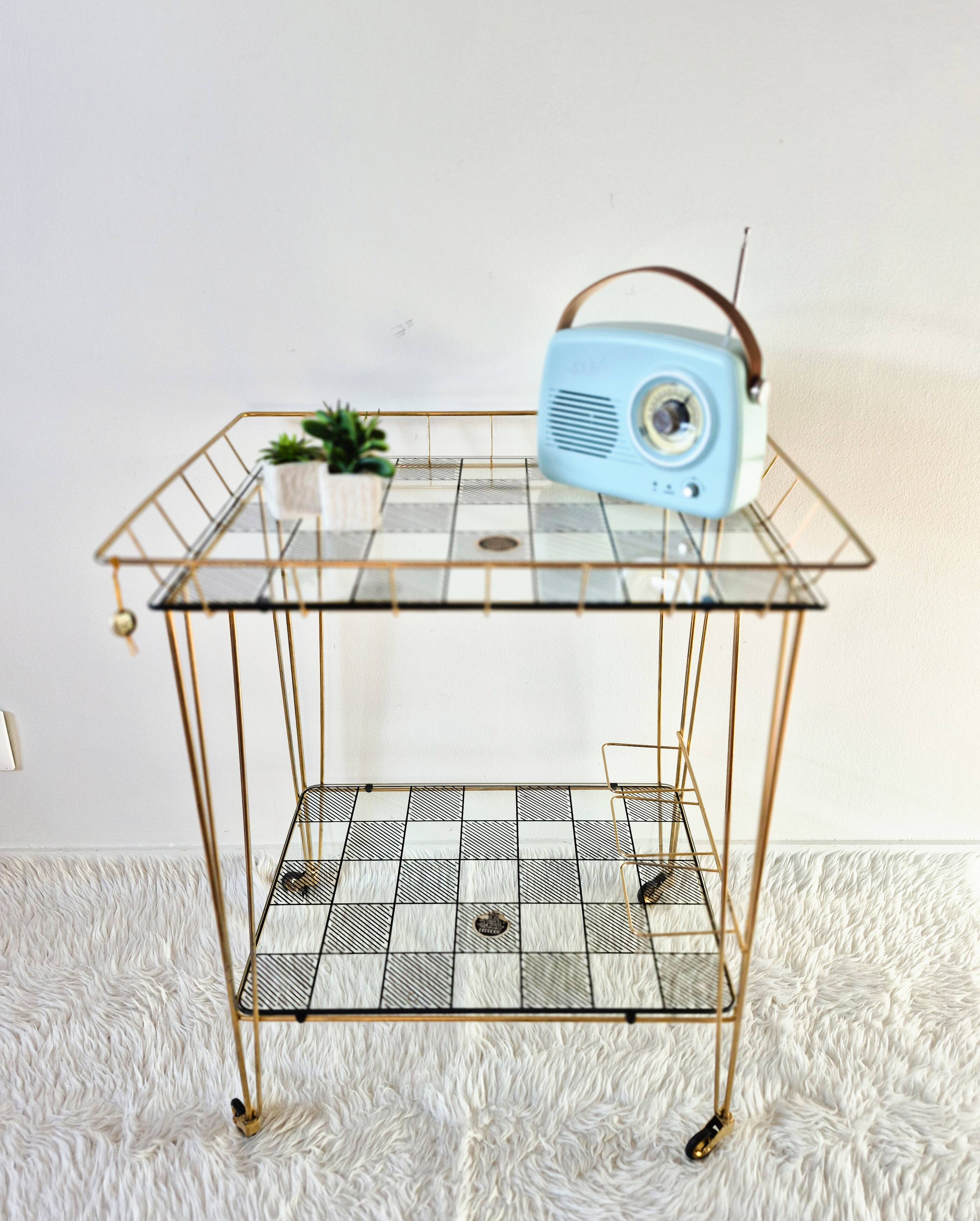 Vintage bar table, side table, glass trays, Eiffel legs.