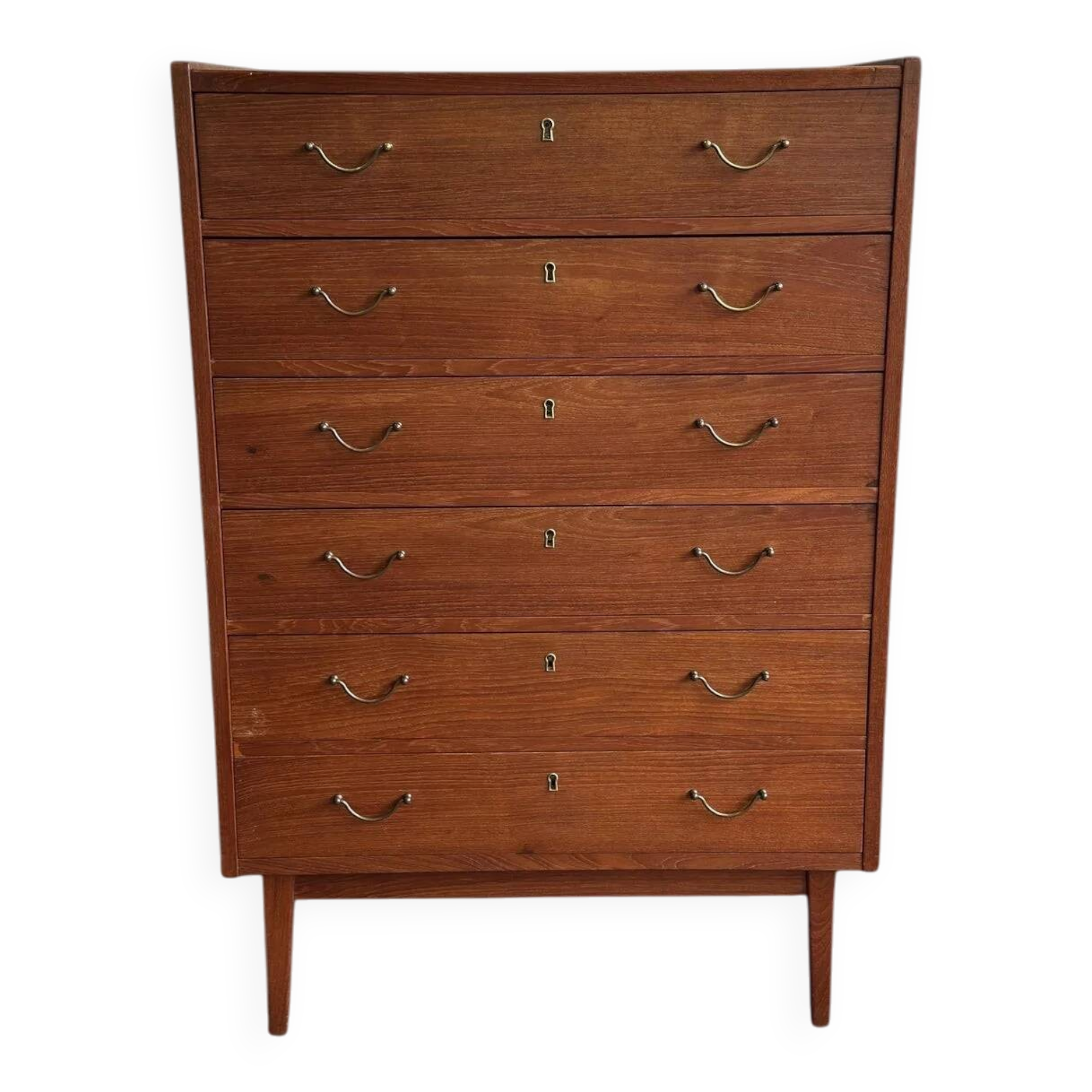 Vintage Danish "tallboy" chest of drawers in teak veneer.