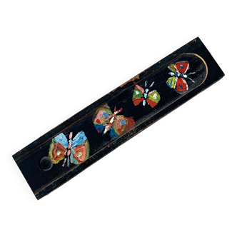 Old wooden pen tray painted butterflies flowers vintage