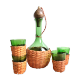 Service carafe and vintage glasses, with wicker