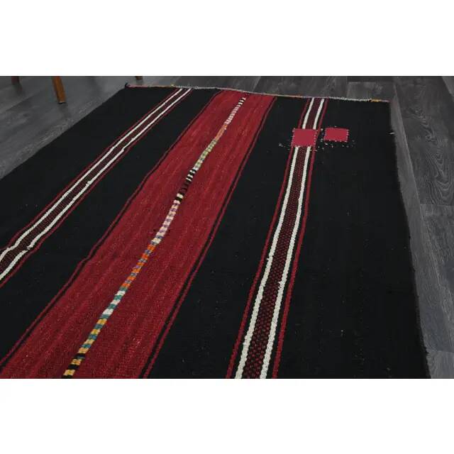 1970s Turkish Hand-Knotted Wool Cotton Black Kilim Runner Rug 118x238