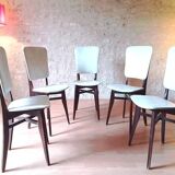 5 vintage chairs from the 60s, white leatherette, mahogany wood