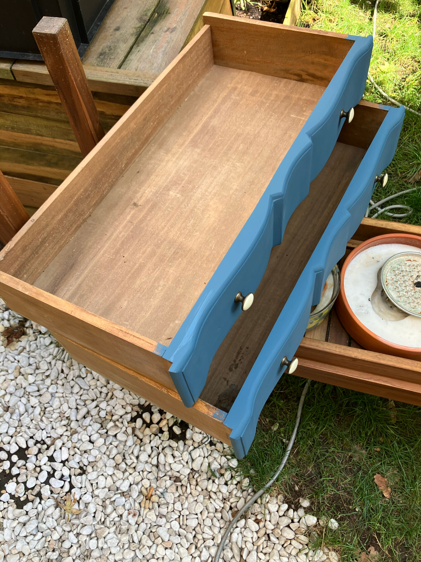 Restored antique drop-leaf secretary – natural wood & midnight blue