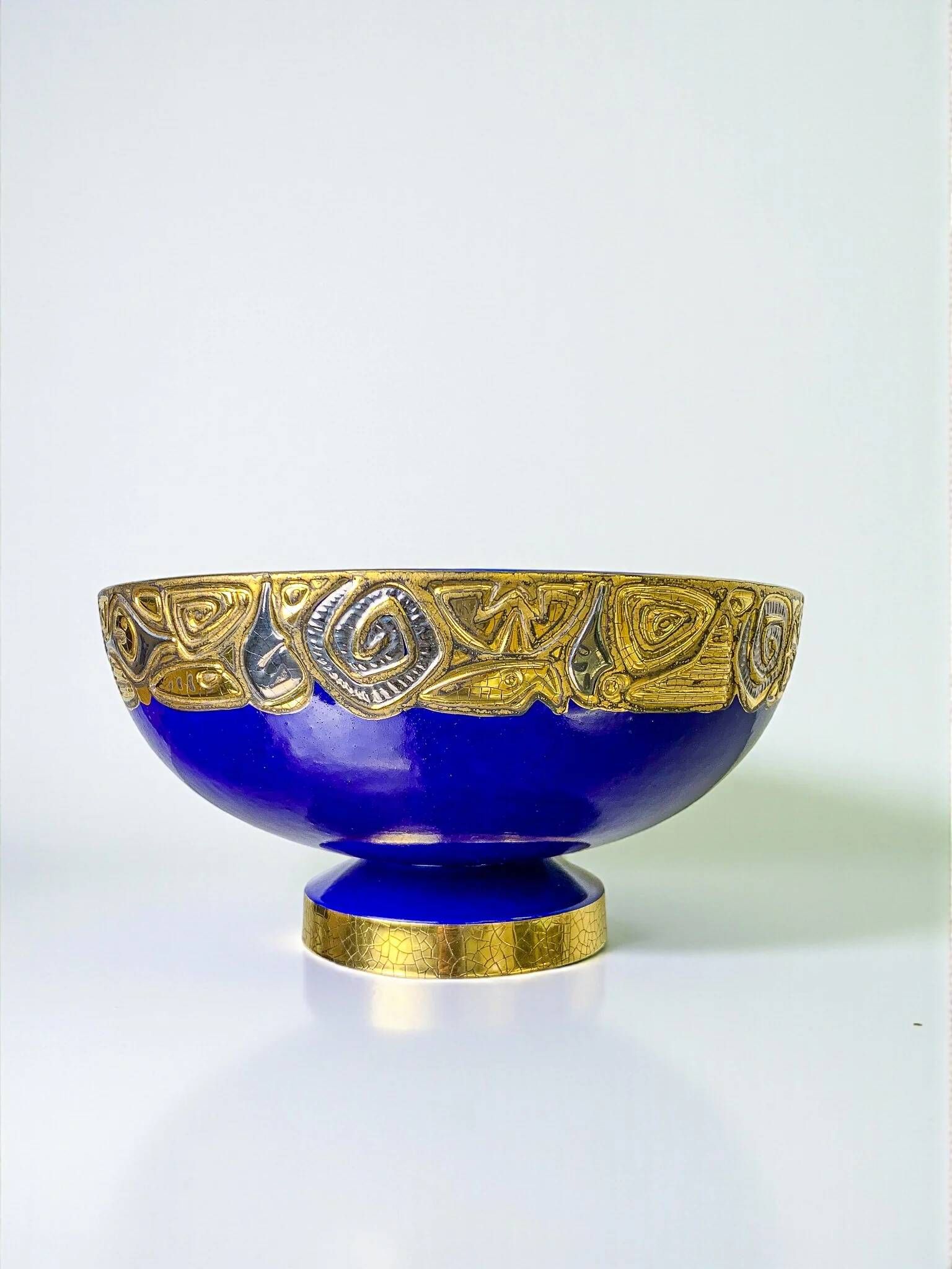 Art Deco French ceramic centerpiece bowl, hand-painted cobalt blue & gold, 20th century