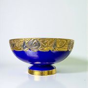 Art Deco French ceramic centerpiece bowl, hand-painted cobalt blue & gold, 20th century