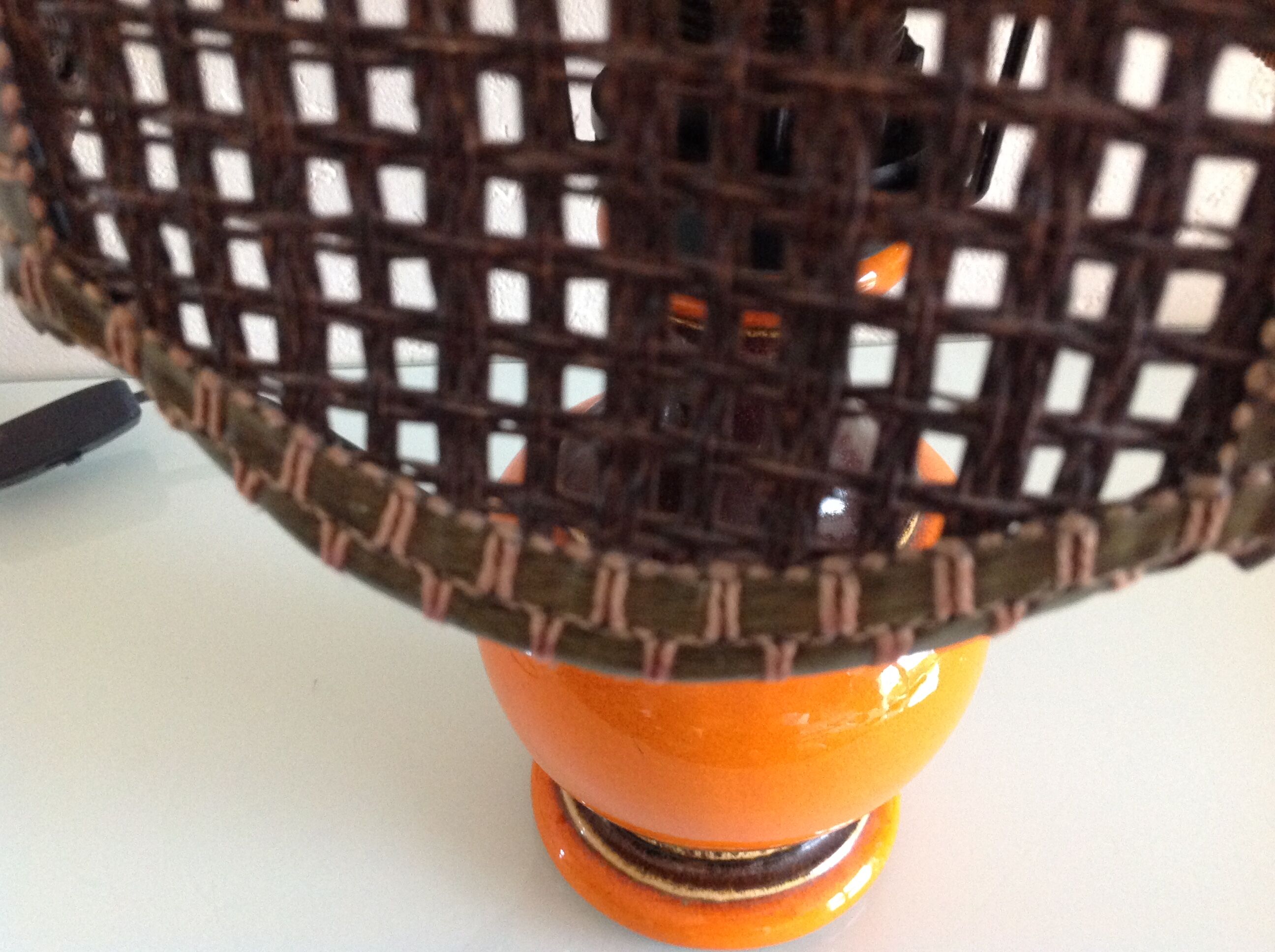 Orange ceramic lamp and brown canned lampshade by Pan Keramik / 60s-70s