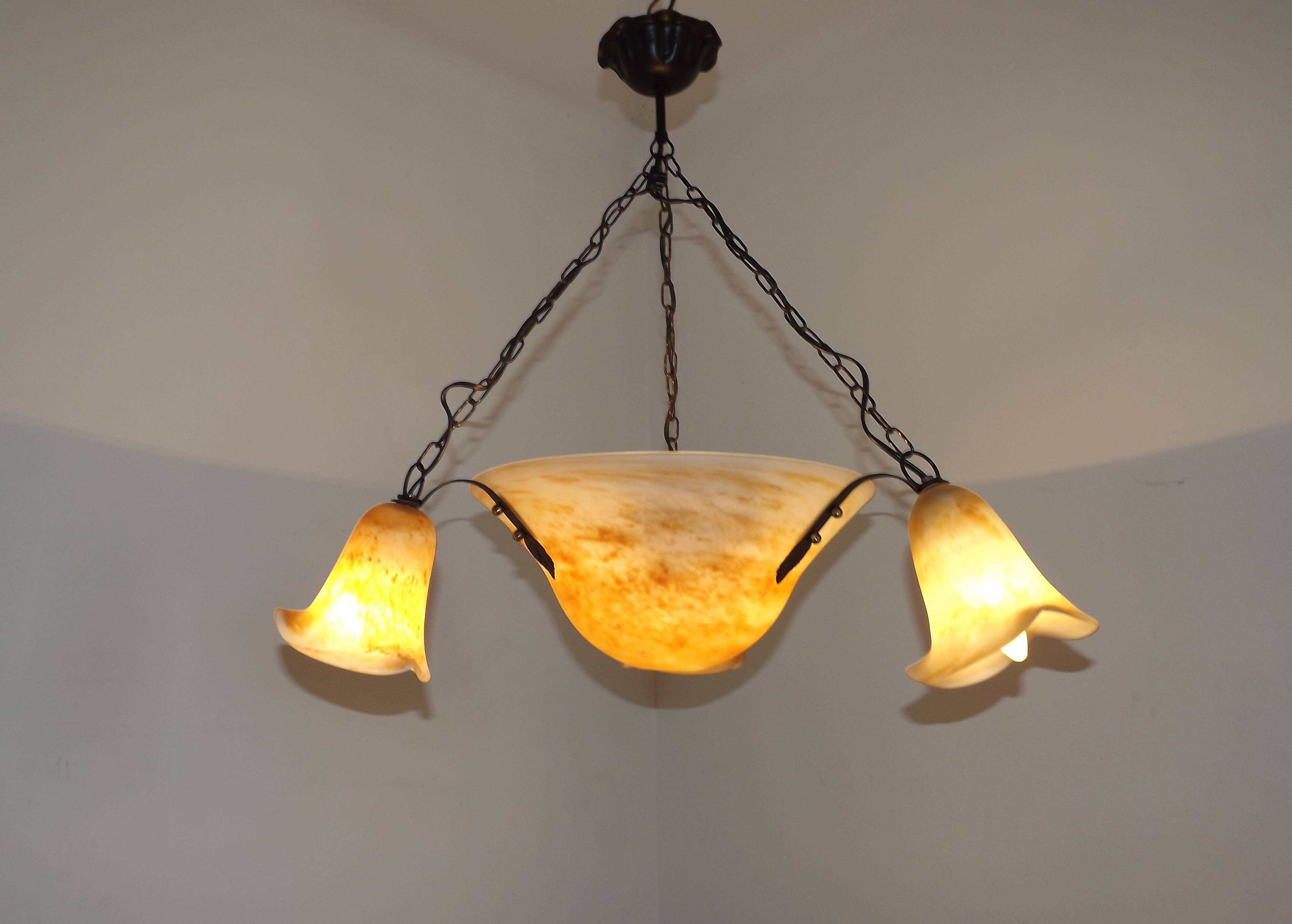 Vintage 4-light chandelier in black metal and glass, France