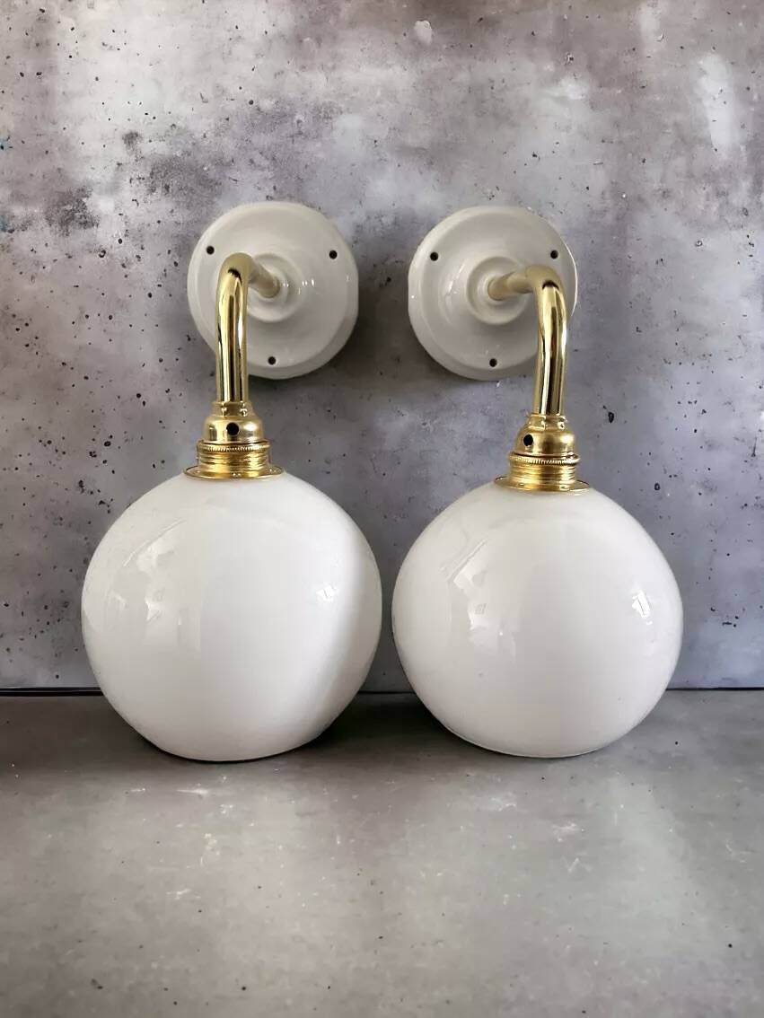 Pair of vintage white opaline wall lights