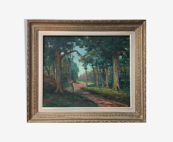 Tableau "Colporteur en sous bois" signé L.J. Mary datée de 1945