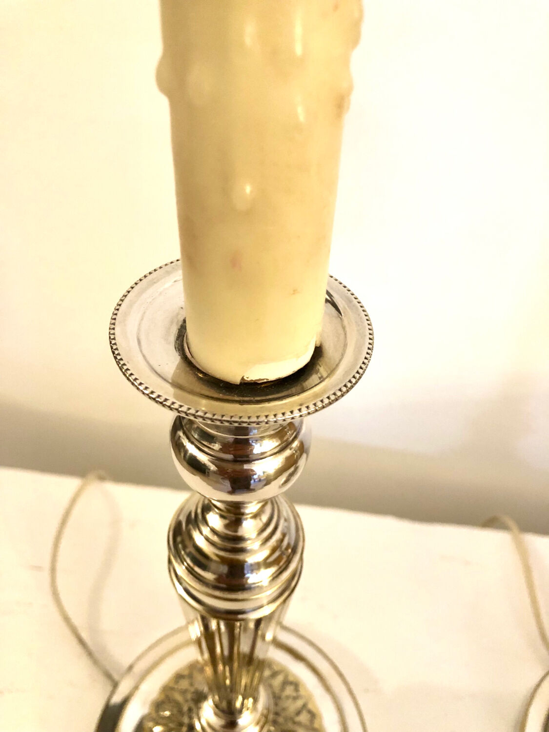 Pair of silver metal candle holder lamp bases