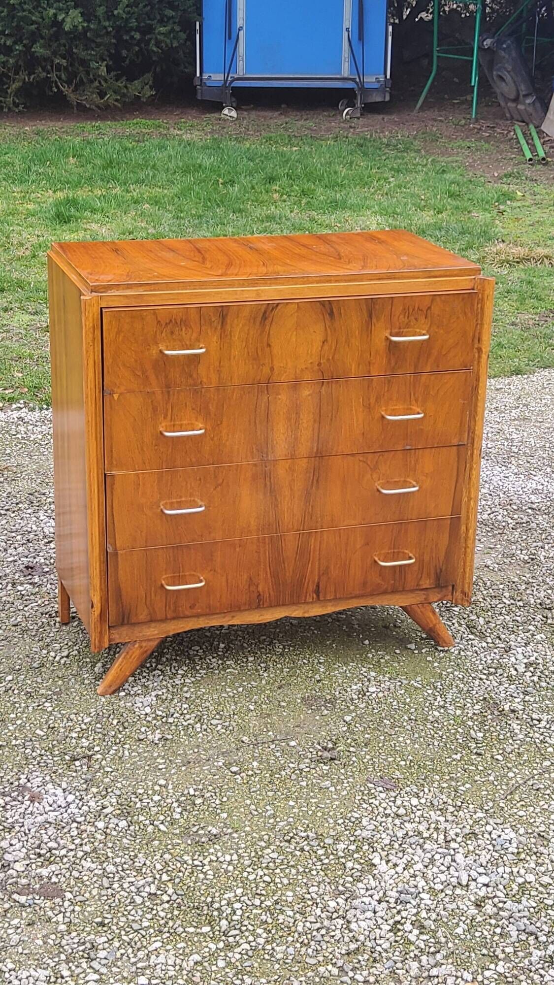 Vintage chest of drawers in walnut compass legs 4 drawers from the 1950s