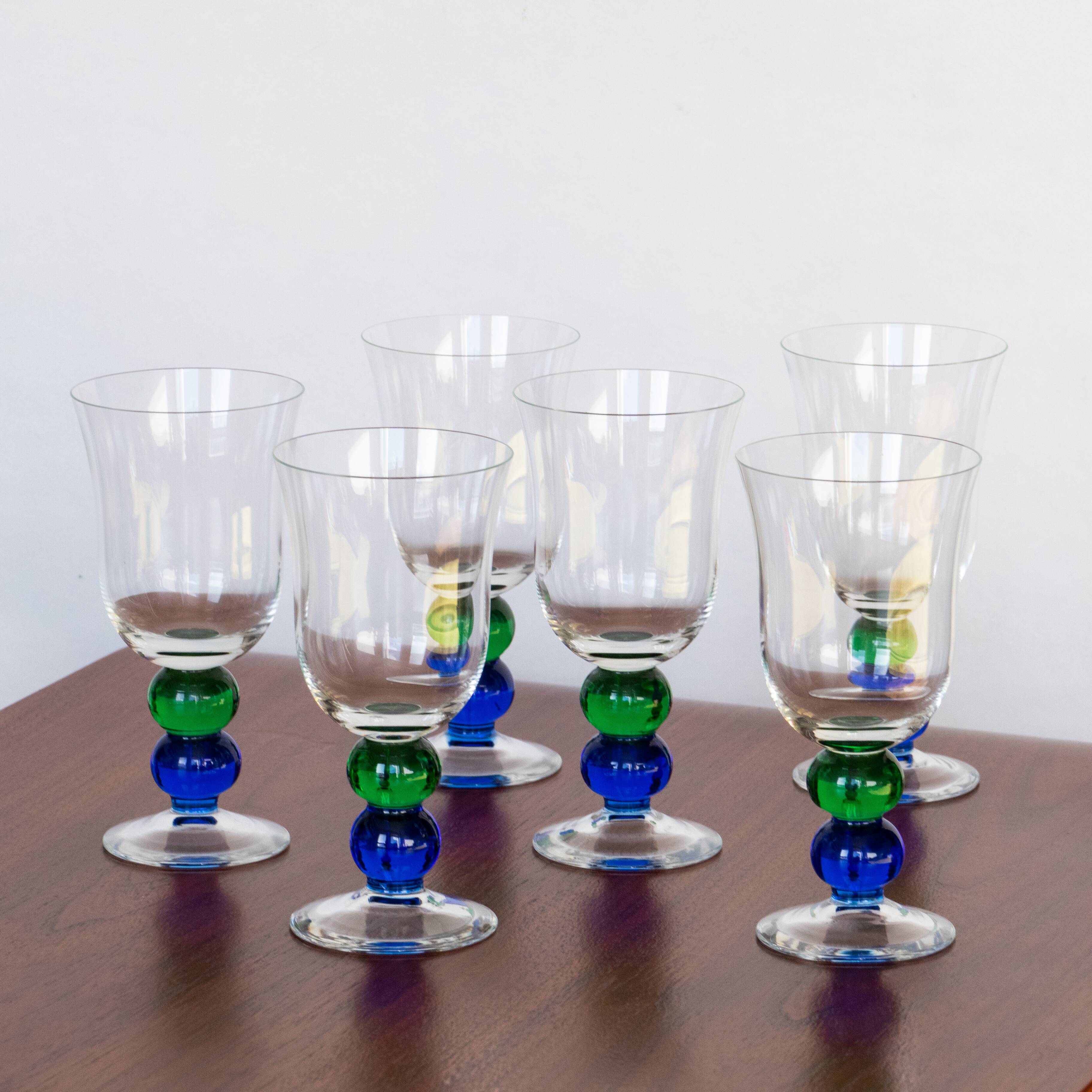 6 vintage crystal stemmed glasses, green and blue bubble foot