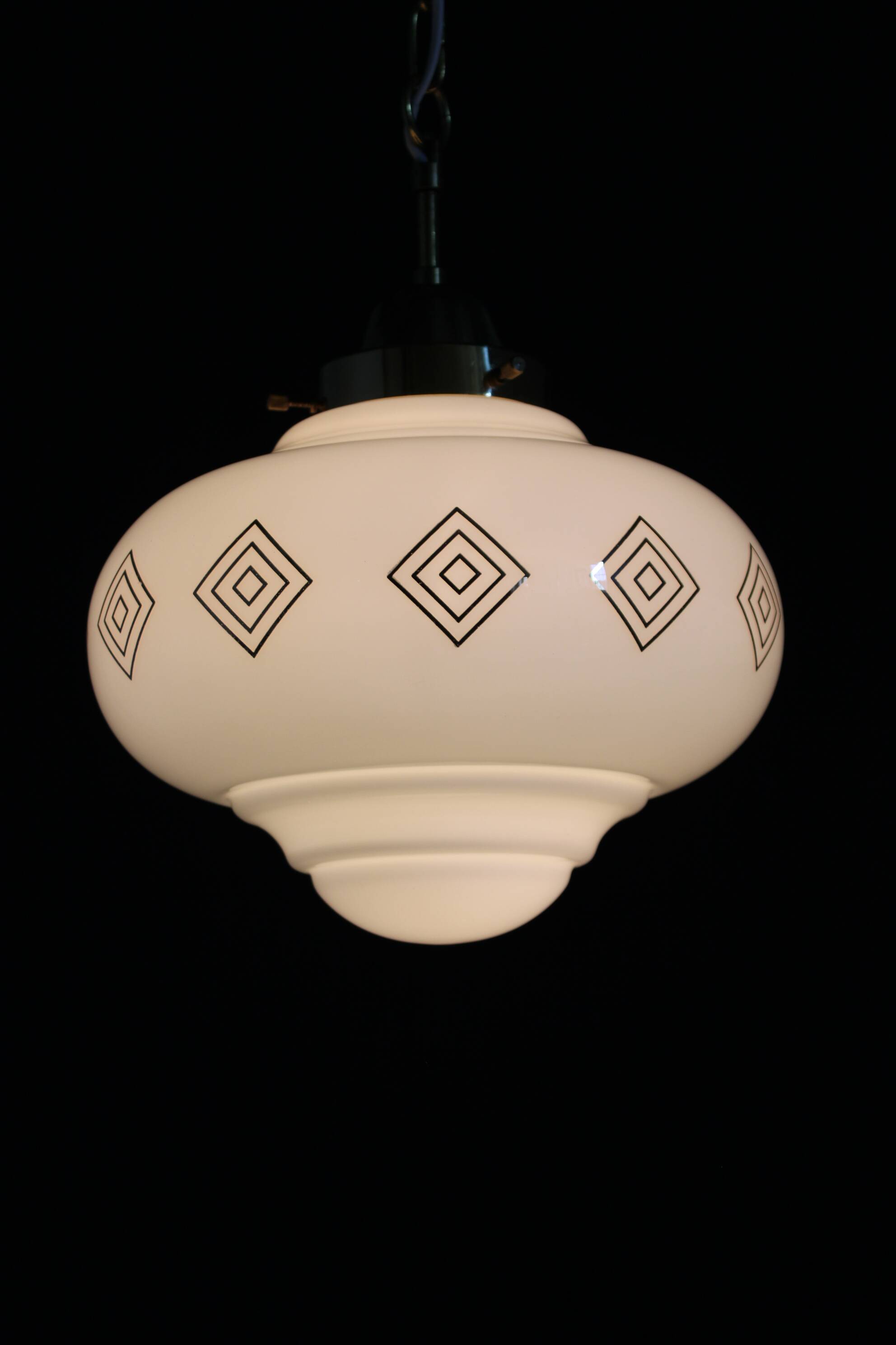 1970s Glass Pendant Light with Brass Chain , Czechoslovakia