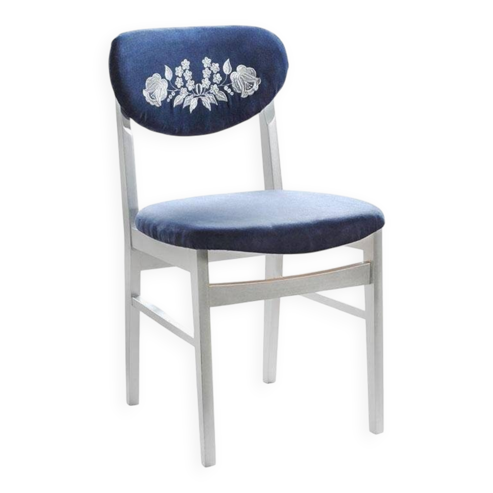 Vintage blue fabric chair with a painted wooden frame and embroidered Kalocsa pattern backrest (1950s)