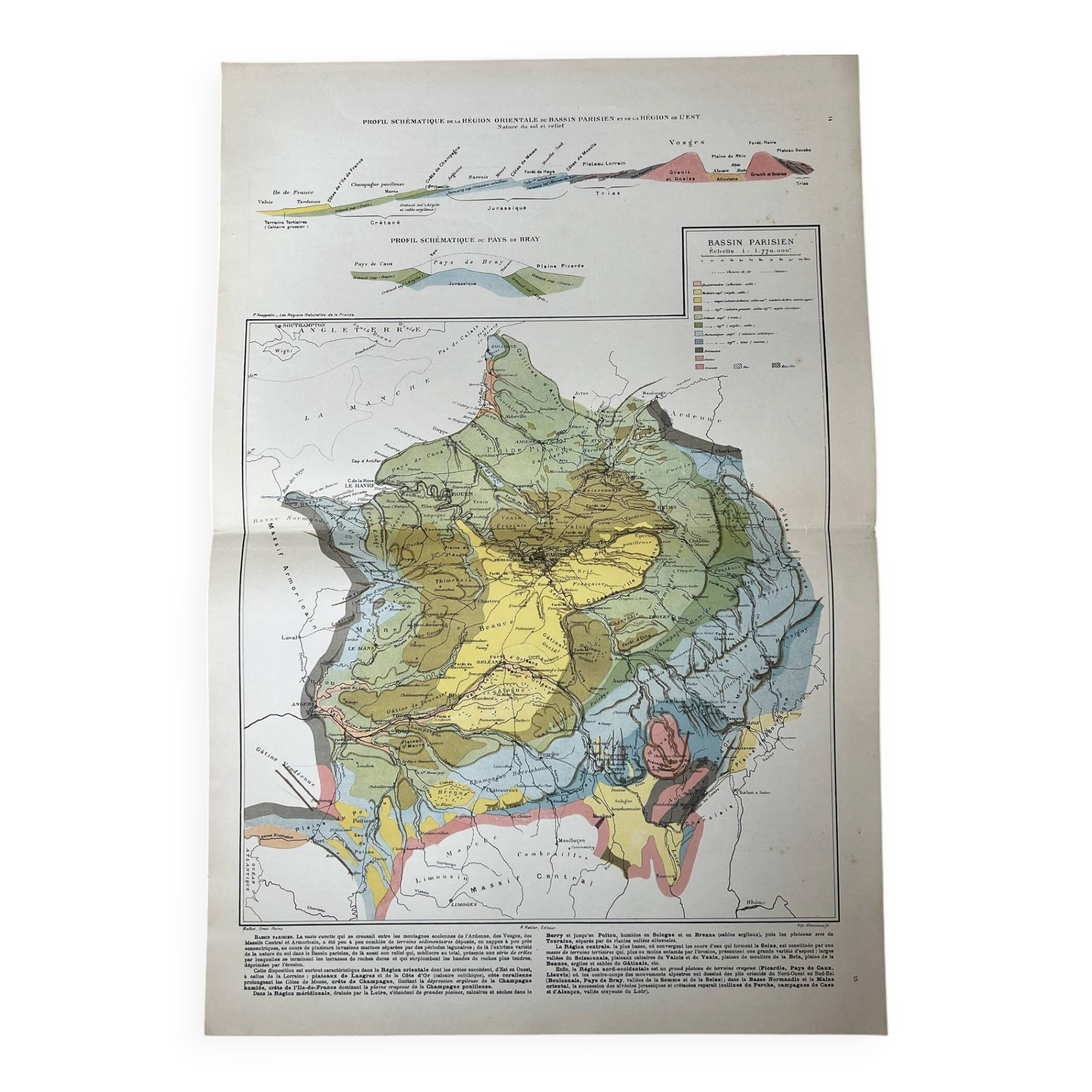 Old geological map of the Paris Basin 55x37.5cm