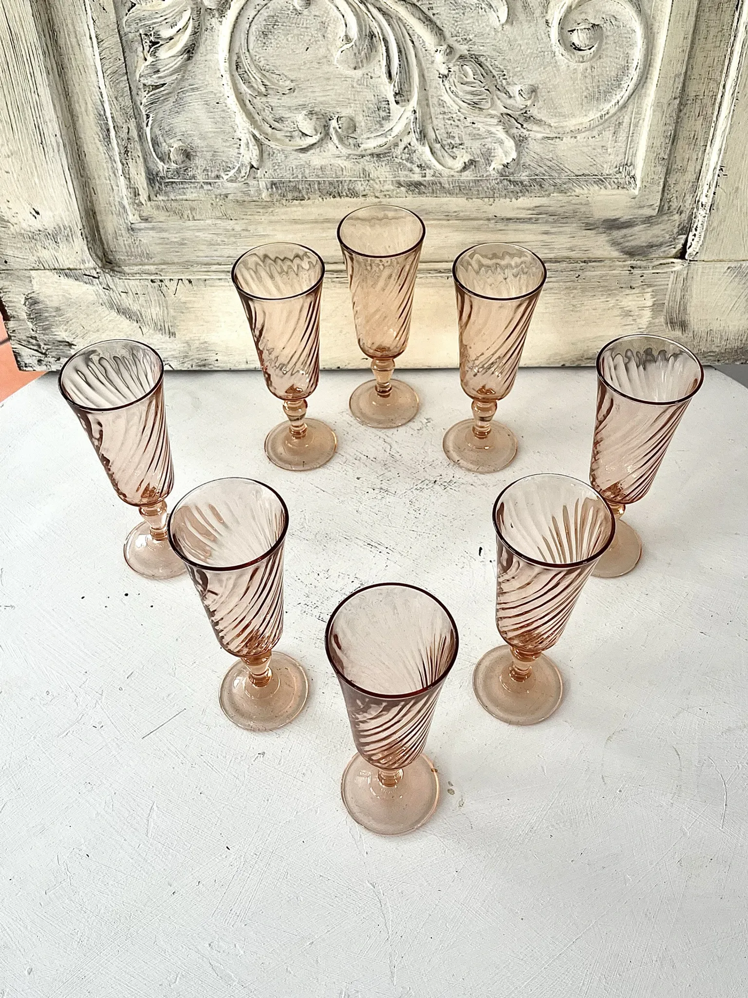 Champagne flutes pink set of 8, French swirl glass stemware rosaline