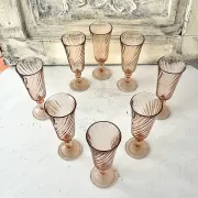 Champagne flutes pink set of 8, French swirl glass stemware rosaline