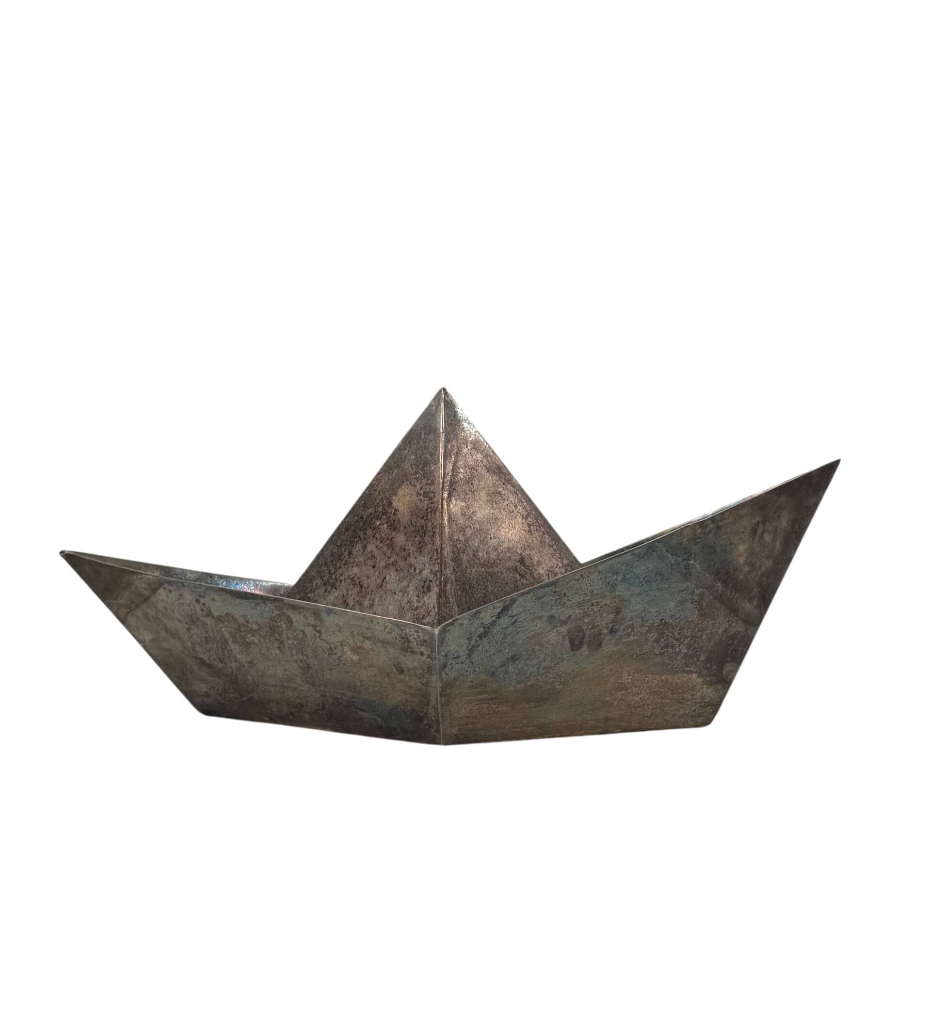 Modern silver-plated paper boat sculpture, Paola C. Aldo Cibic Italy 1980