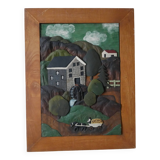 Naïve Art Painting in Handcrafted Wood Decorative Frame for Child Boy Mountain Landscape