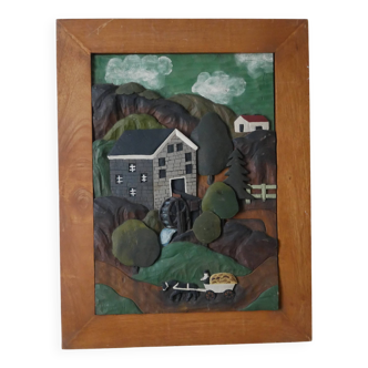 Naïve Art Painting in Handcrafted Wood Decorative Frame for Child Boy Mountain Landscape