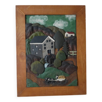 Naïve Art Painting in Handcrafted Wood Decorative Frame for Child Boy Mountain Landscape