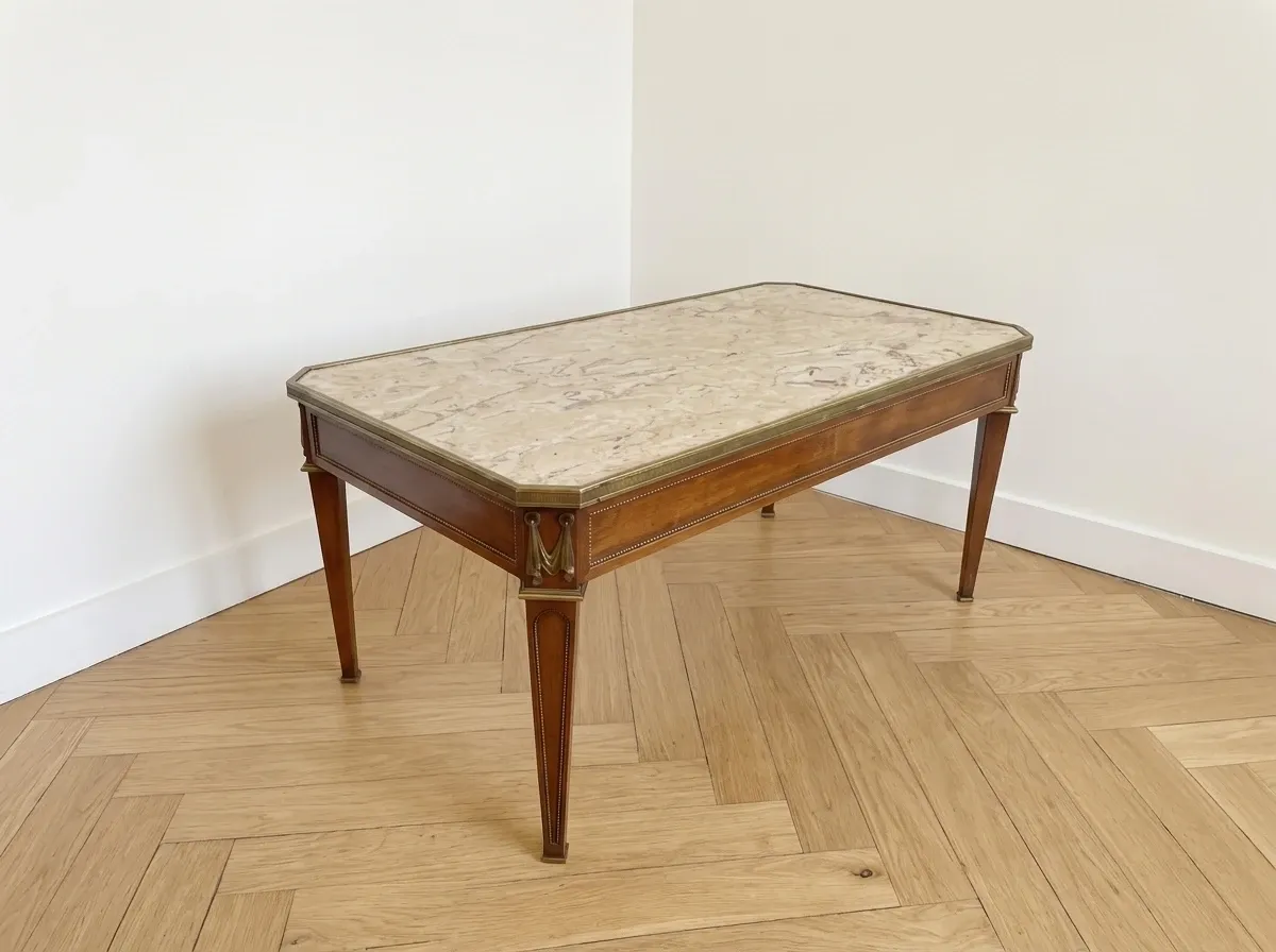 Louis XVI style coffee table in wood and marble with bronze ornaments.