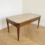 Louis XVI style coffee table in wood and marble with bronze ornaments.