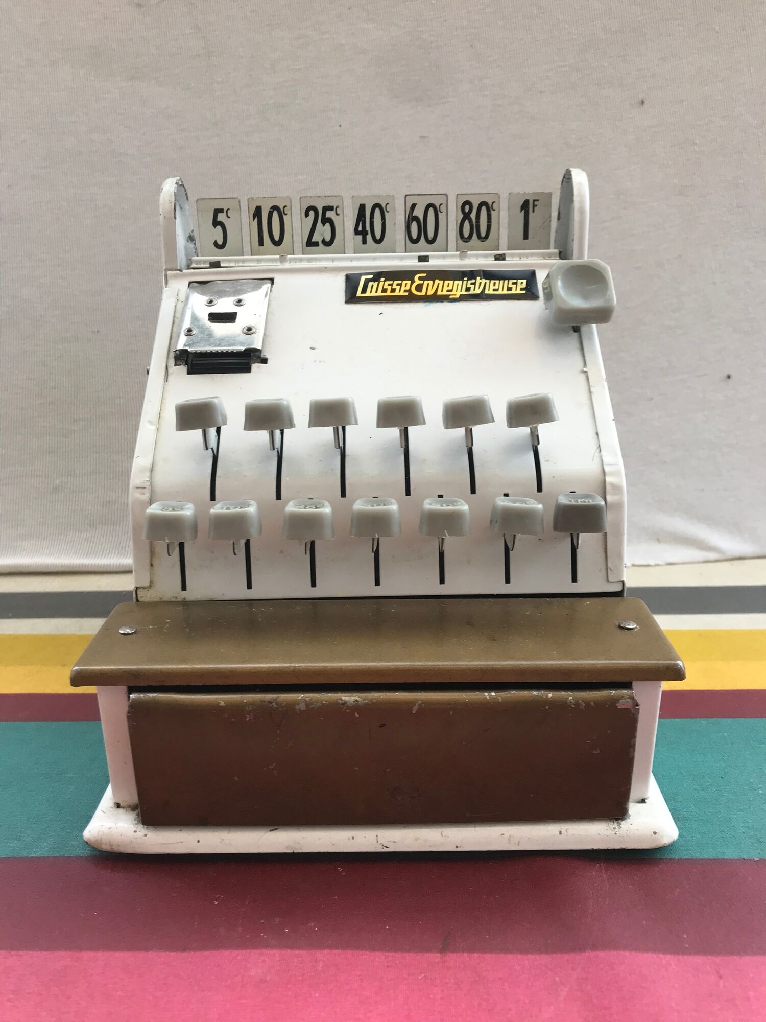Former white metal cash recorder drawer box vintage child toy