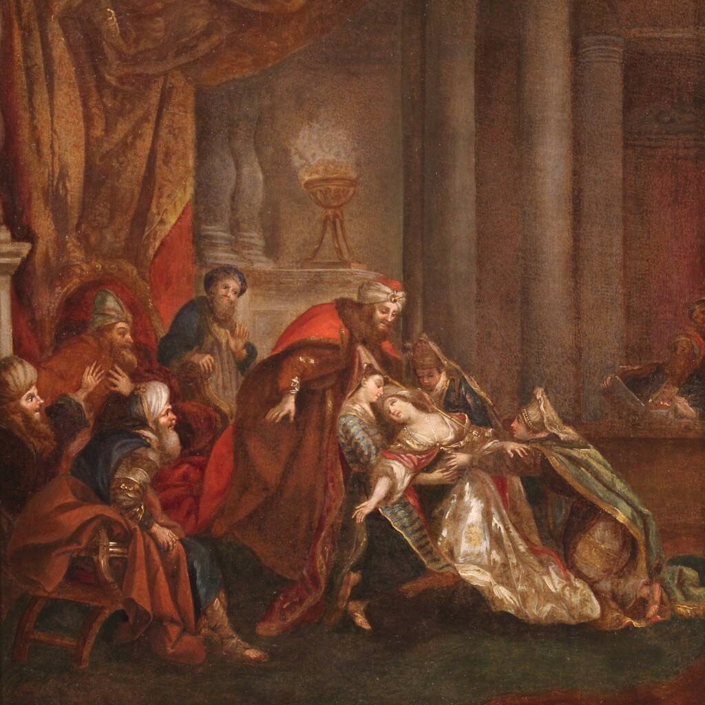 Antique painting from the 18th century, Esther fainting before Ahasuerus