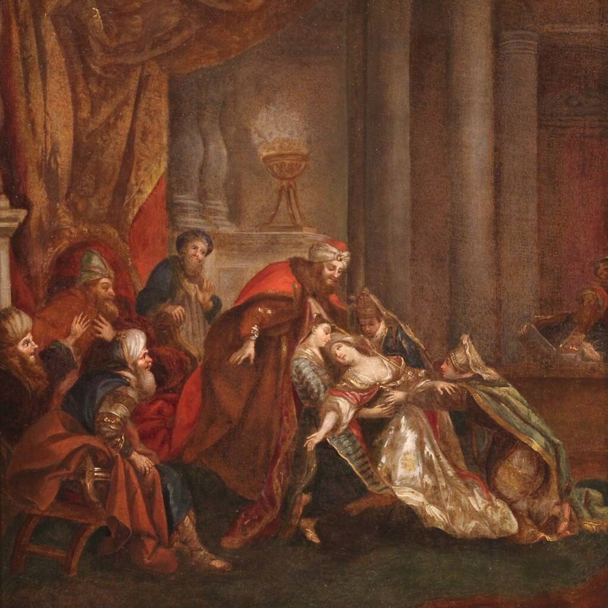 Antique painting from the 18th century, Esther fainting before Ahasuerus
