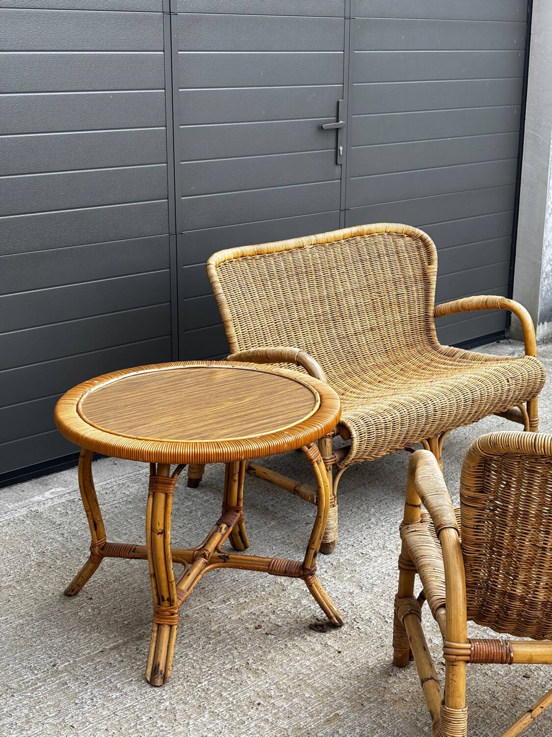 Vintage rattan garden furniture – complete set with sofa and armchairs.