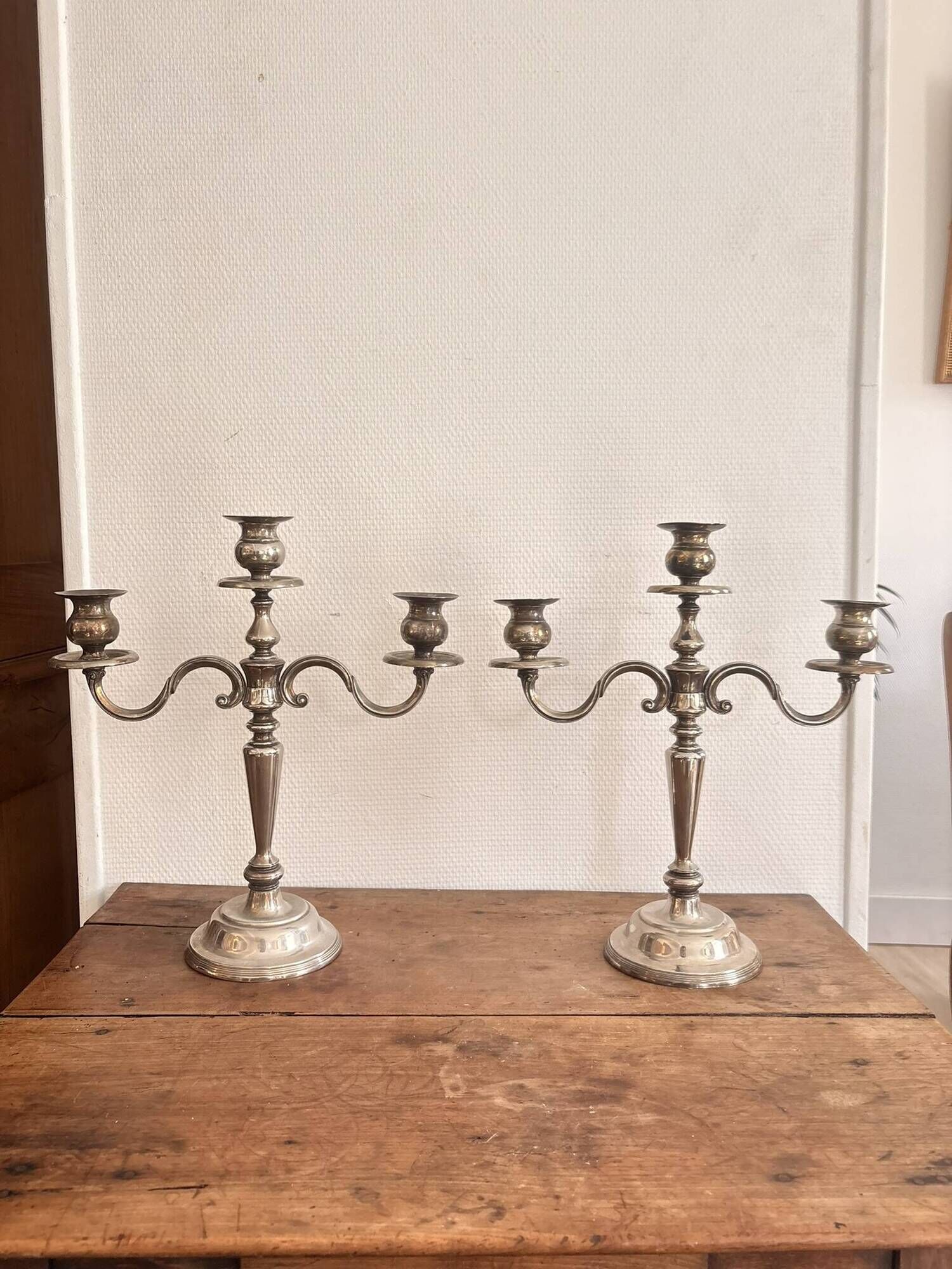Antique Pair of 3-Light Candelabra Silver-Plated Metal Louis XV Rococo Style