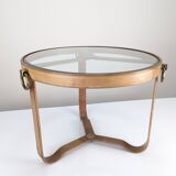Table basse en laiton et cuir surpiqué