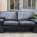 Vintage Italian sofa two places in black leather Italy 1980