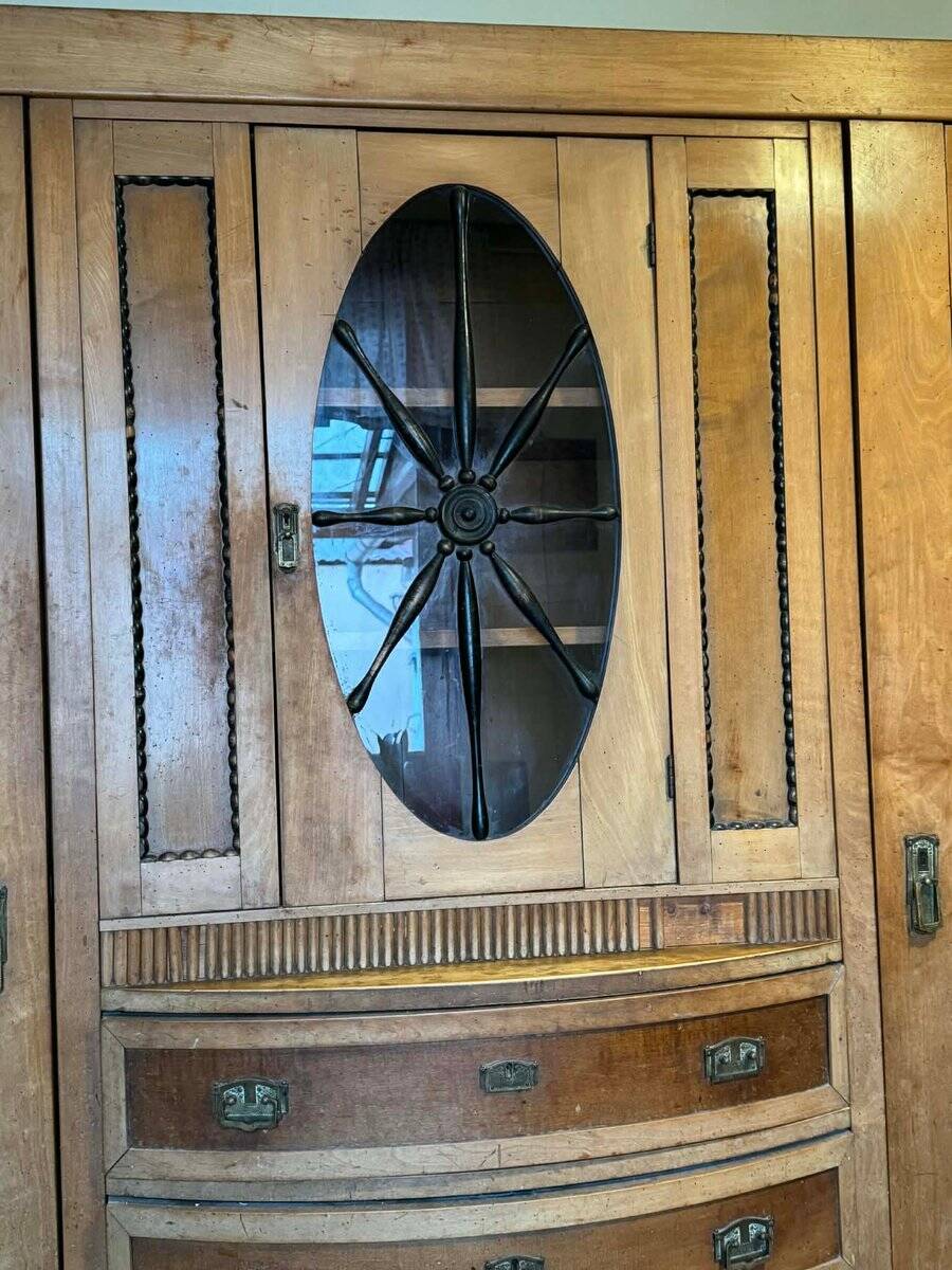 Art Deco Wooden Cabinet with Oval Glass Window and Drawers, 1930s