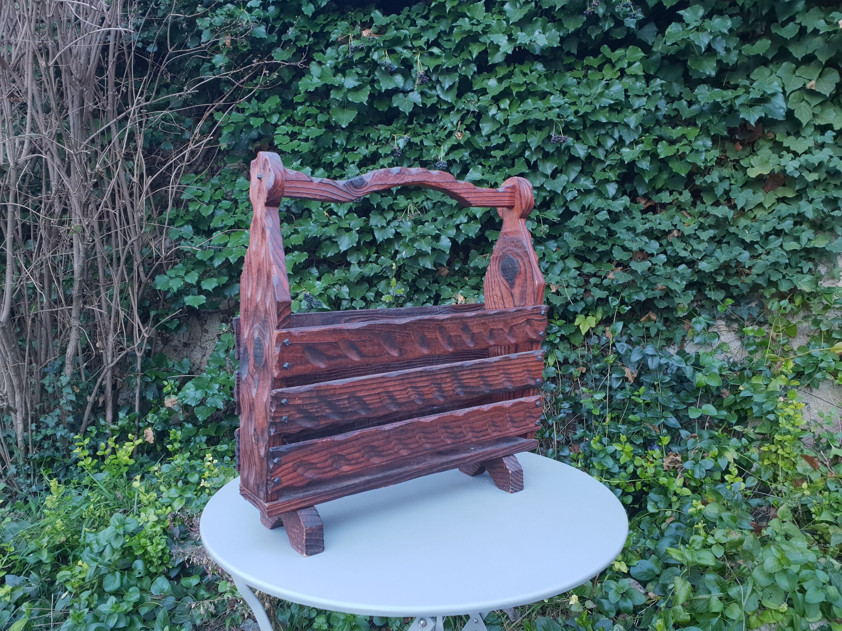 Brutalist pine magazine holder 1970