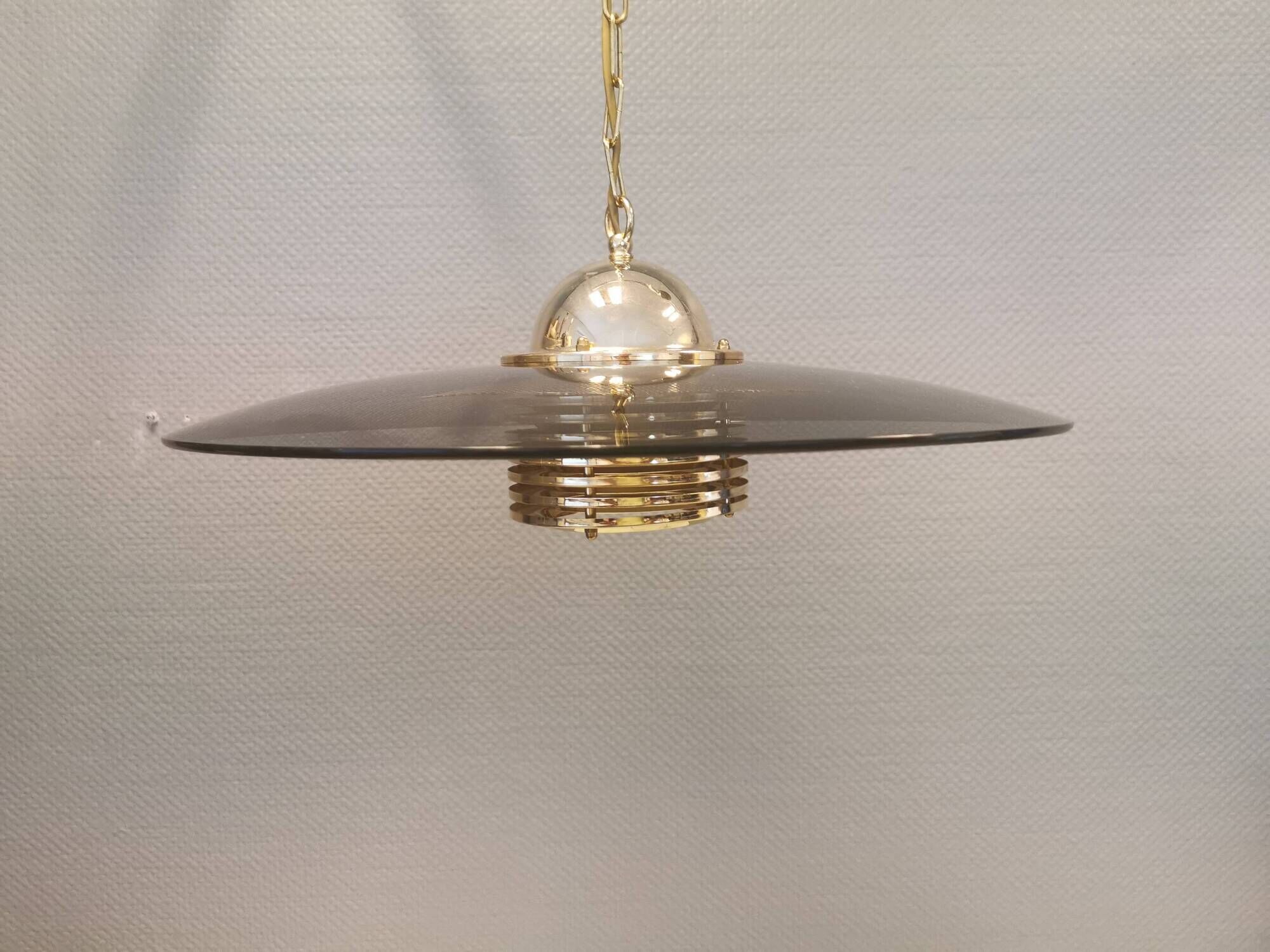Original Belid T 391 pendant light in gold-coloured metal and smoke-coloured glass