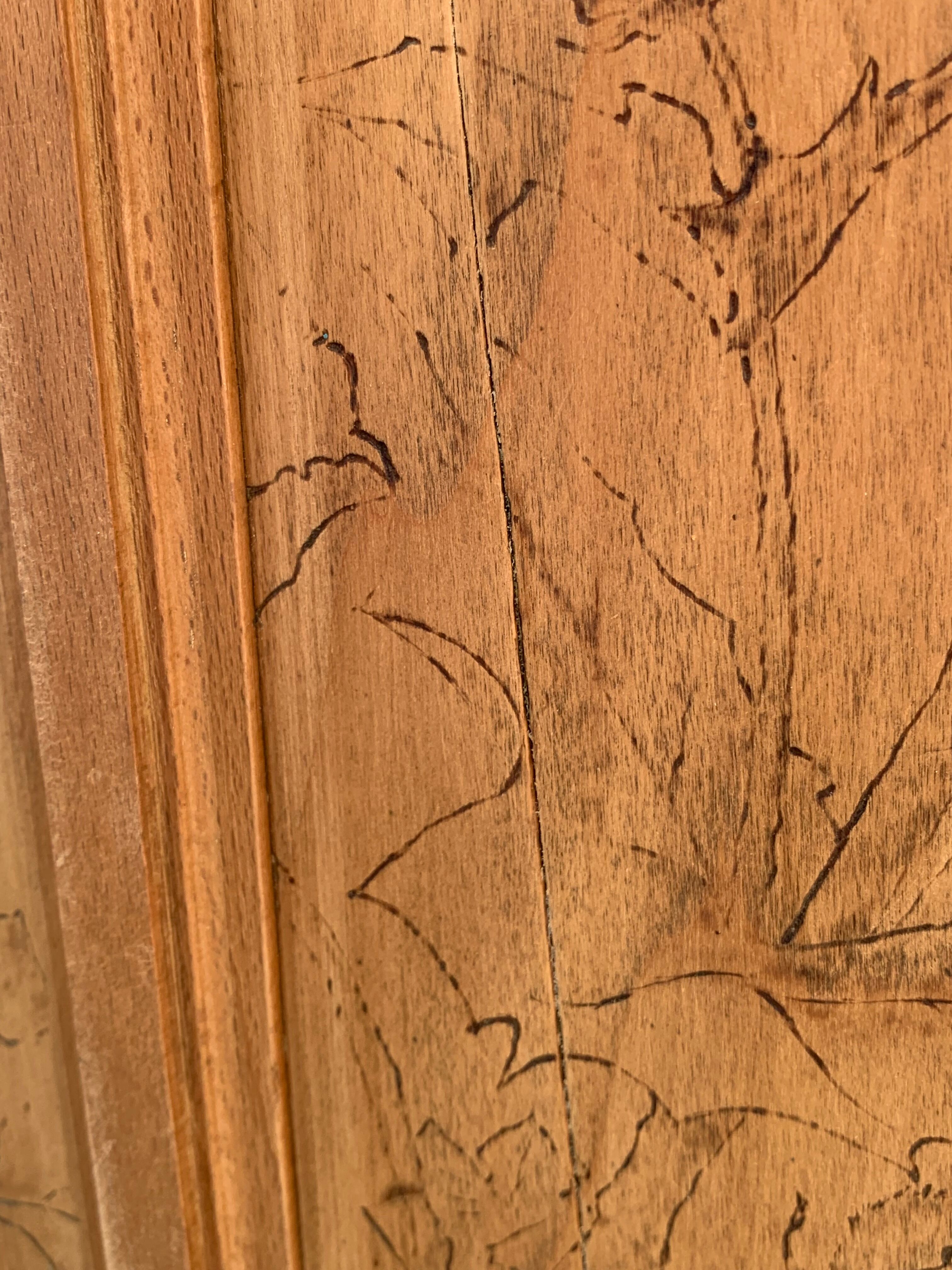 Parisian cabinet glazed raw wood nymphs and carved art nouveau decorations