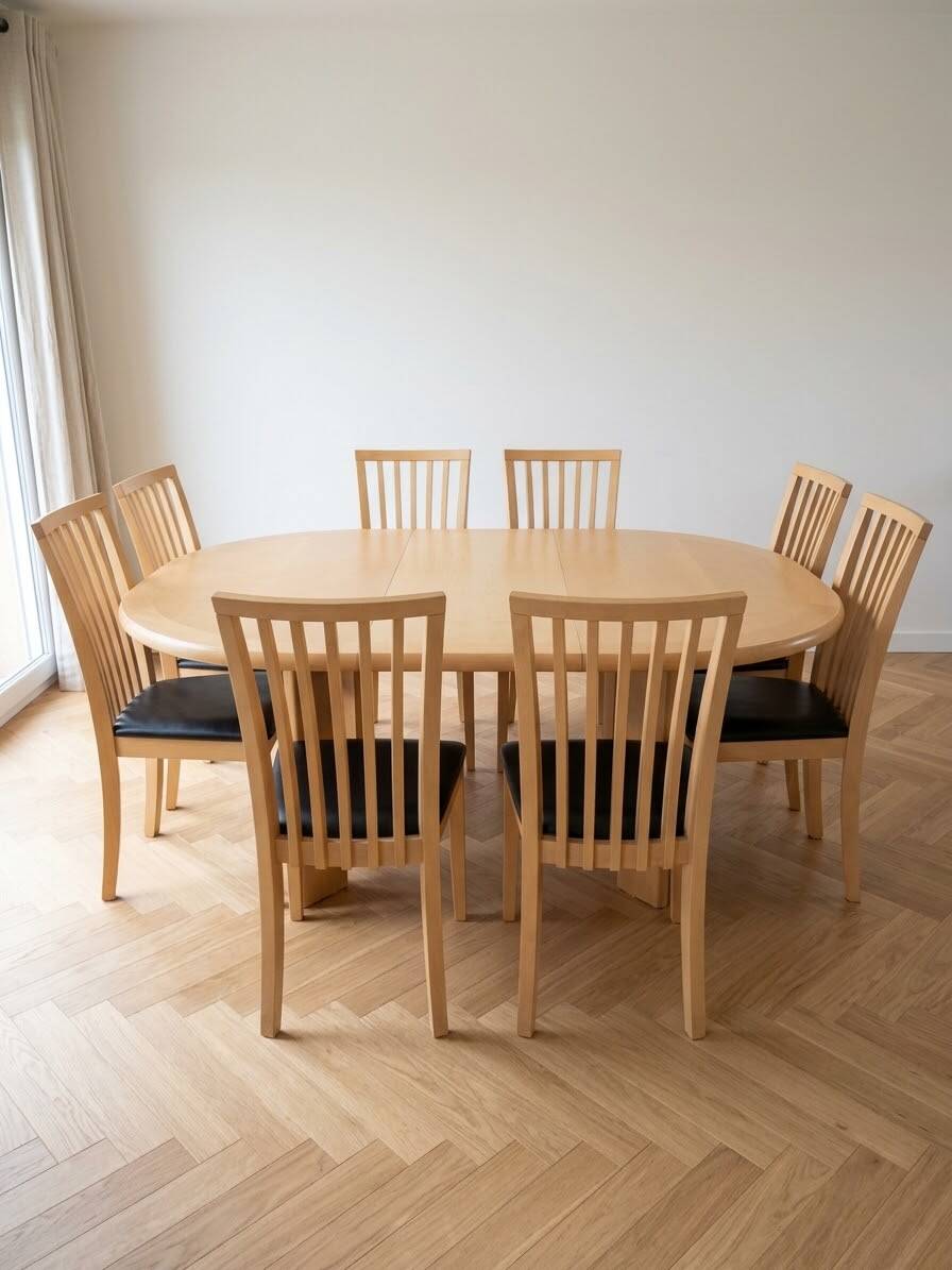 Skovby dining table and 8 vintage Scandinavian style wooden chairs.