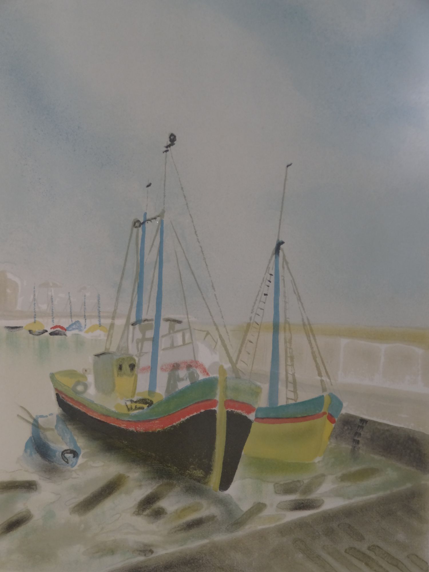 Lithograph sailboats in port 57 x 79 cm