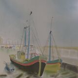 Lithograph sailboats in port 57 x 79 cm