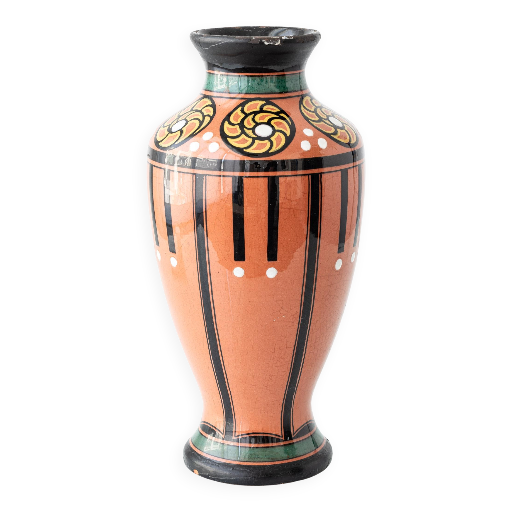 Pair of Dutch Art Deco vases, hand-painted Gouda-style ceramic with bold glazing.