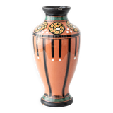 Pair of Dutch Art Deco vases, hand-painted Gouda-style ceramic with bold glazing.