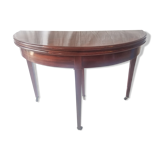 Mahogany game table and mahogany veneer, rolling half-moon console or round table.