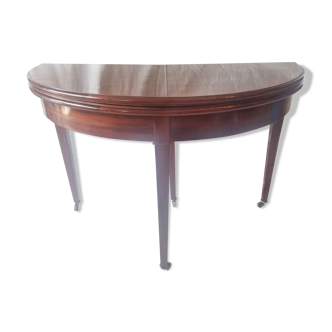 Mahogany game table and mahogany veneer, rolling half-moon console or round table.