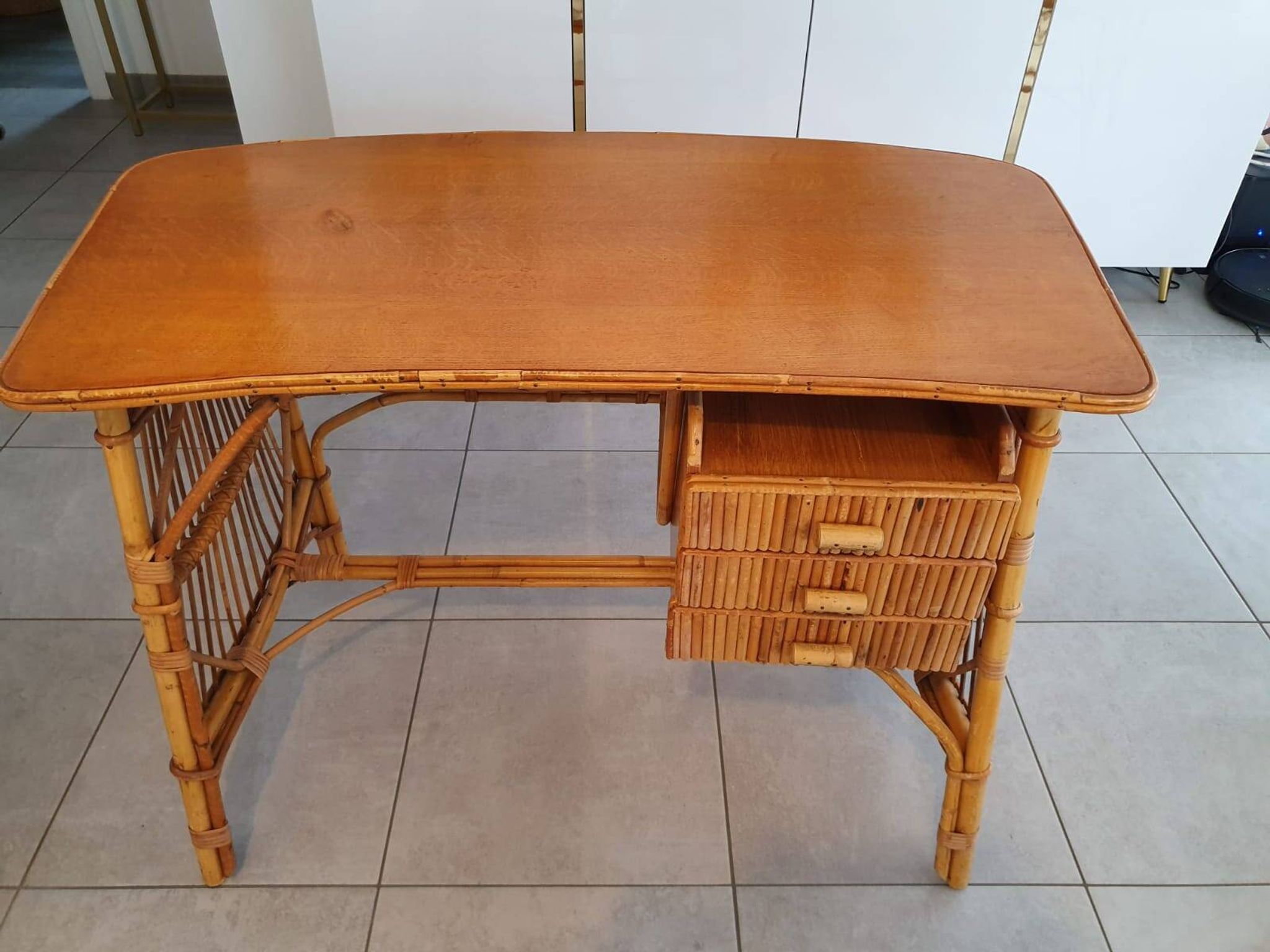 Rattan and bamboo desk with chair - Audoux Minet style from the 1970s.