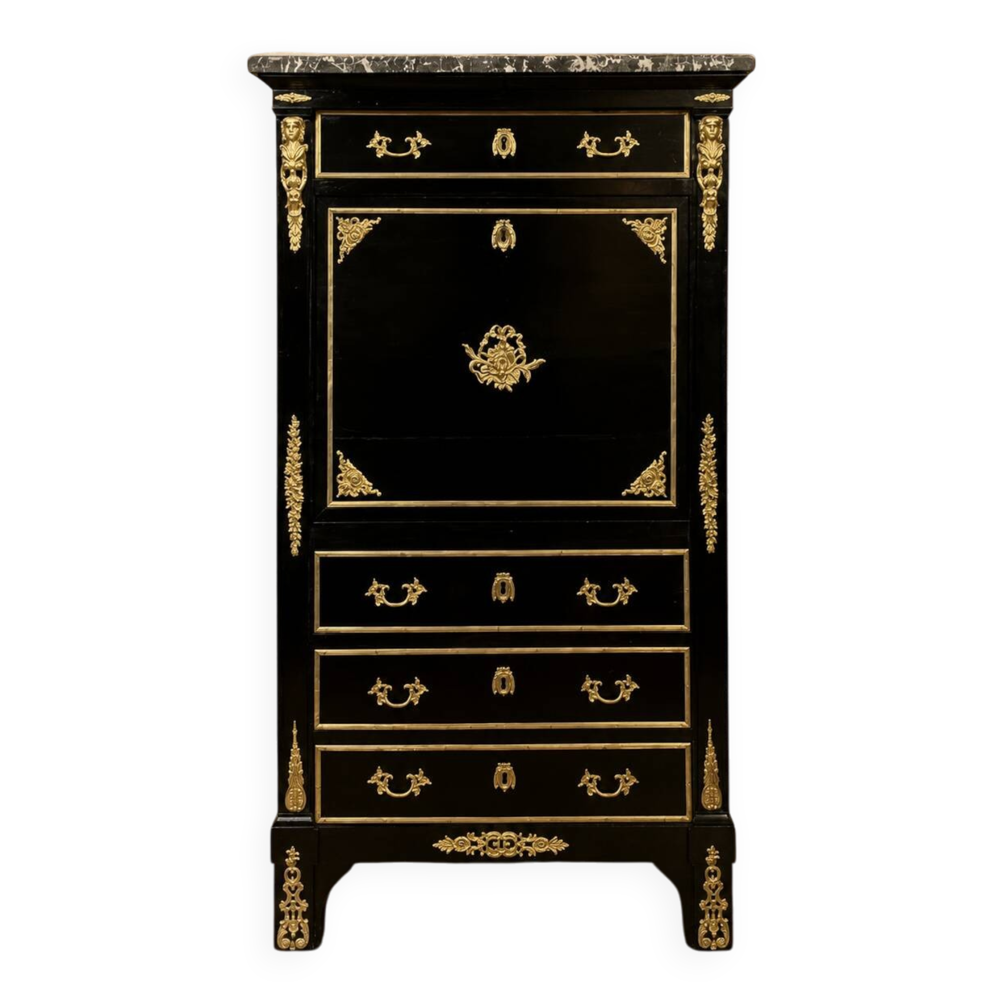 Secretary with a black lacquered drop-leaf and gilded bronzes – Boulle style