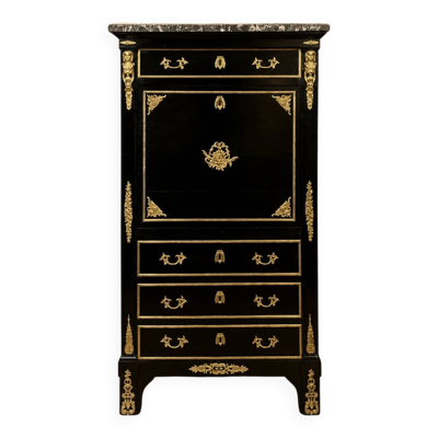 Secrétaire à abattant en bois laqué noir et bronzes dorés – Style Boulle
